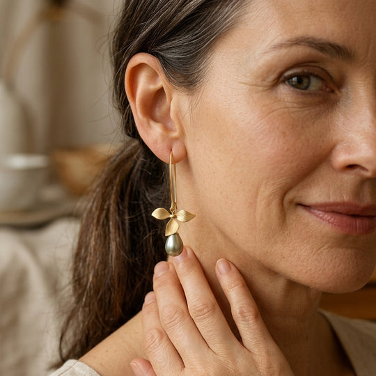 Brushed Gold Leaf Pearl Drop Earrings