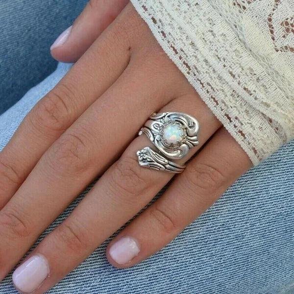 Adjustable Sterling Silver Opal Spoon Ring