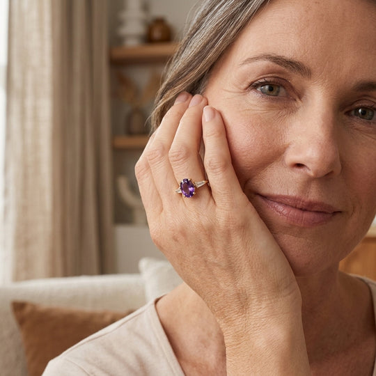 14K Gold Oval Amethyst Three-Stone Ring