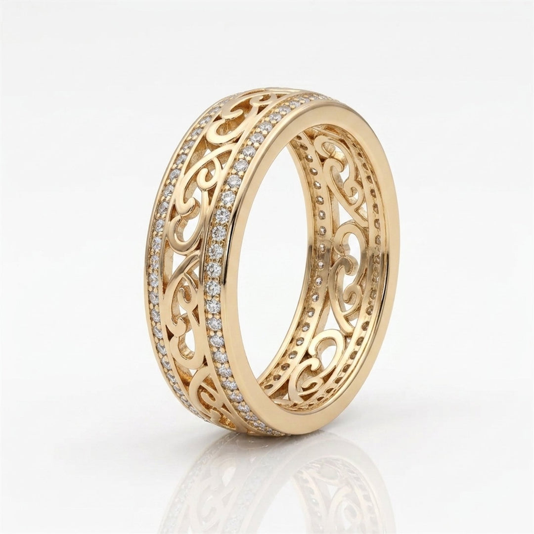 Filigree Diamond-Accented Gold Band Ring