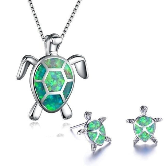 Opal Inlay Sterling Silver Sea Turtle Jewelry Set