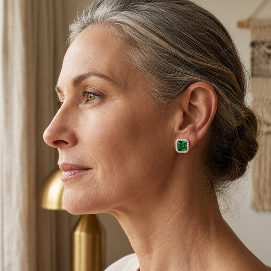 Emerald Cut Halo Diamond Stud Earrings