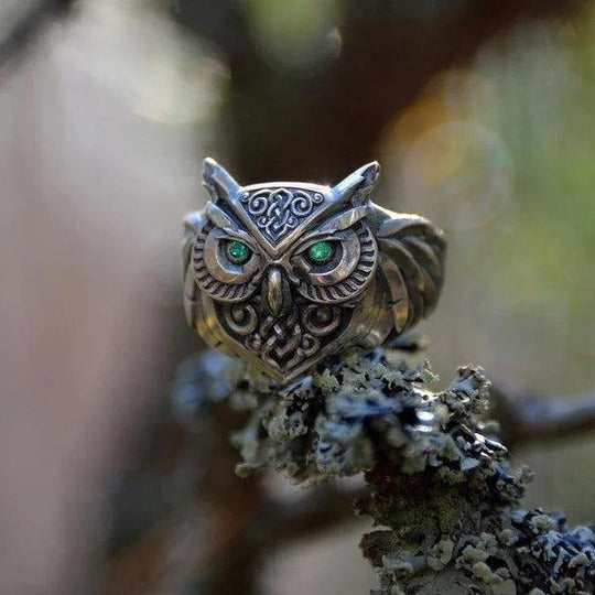 Sterling Silver Owl Ring with Emerald Eyes
