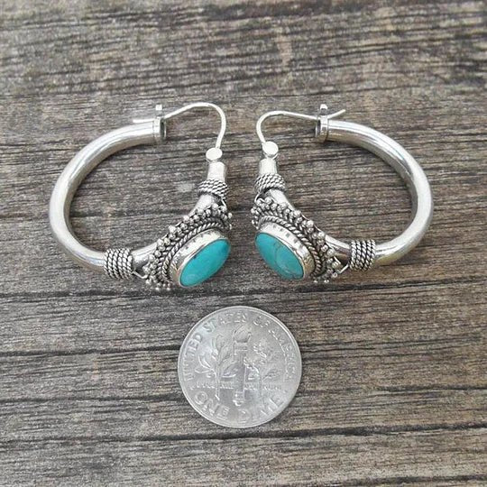 Sterling Silver Rope-Textured Turquoise Hoop Earrings