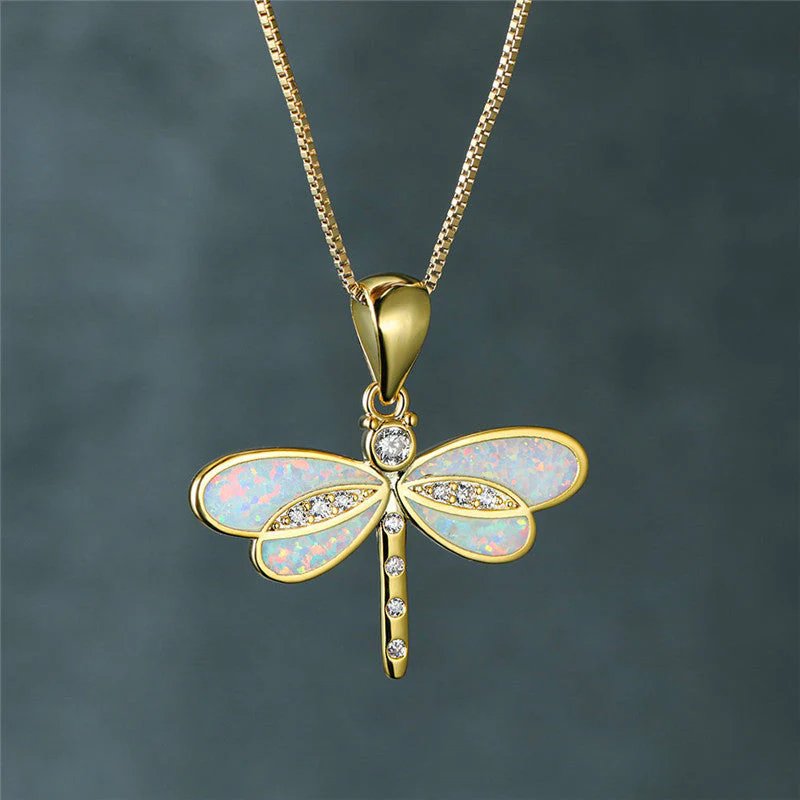 Opal Inlay Gold-Plated Dragonfly Pendant Necklace