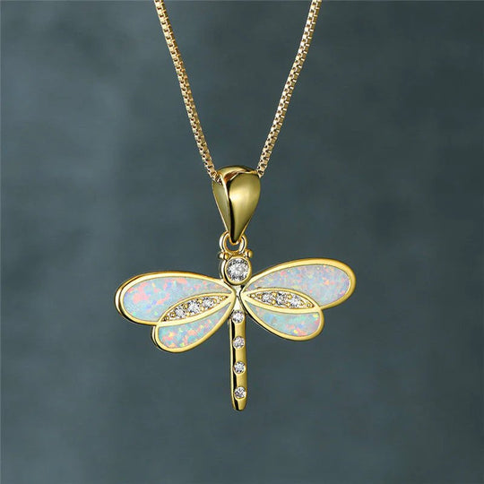 Opal Inlay Gold-Plated Dragonfly Pendant Necklace