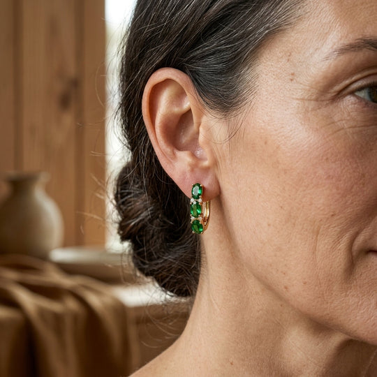 Oval Cut Gemstone Vertical Hoop Earrings