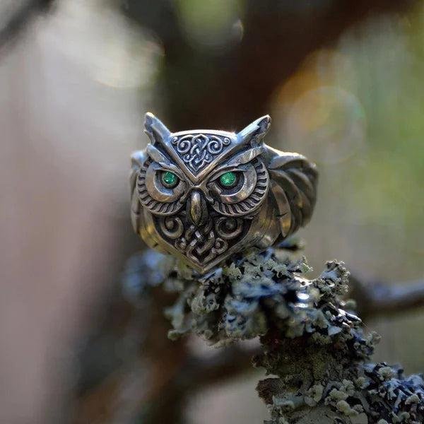 Sterling Silver Emerald Eye Owl Ring