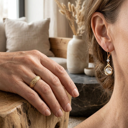 Engraved Gold Ring &amp; Opal Drop Earrings Set