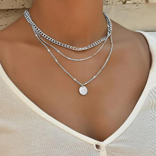 Layered Chain Disc Pendant Necklace