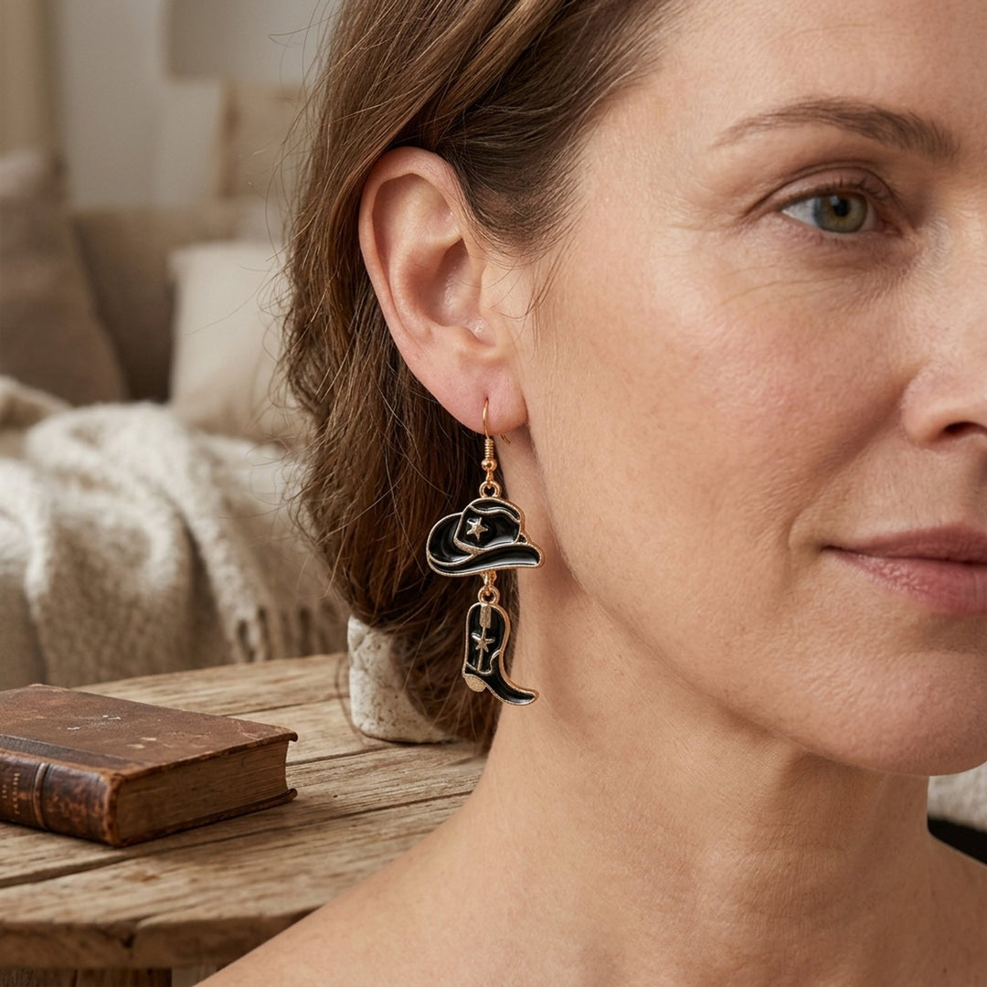 Gold-Toned Western Hat Boot Dangle Earrings