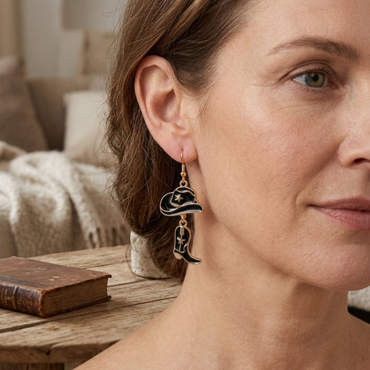 Gold-Toned Western Hat Boot Dangle Earrings
