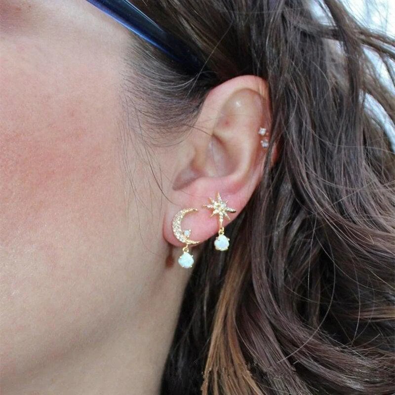Gold-Plated Opal Drop Moon Star Earrings
