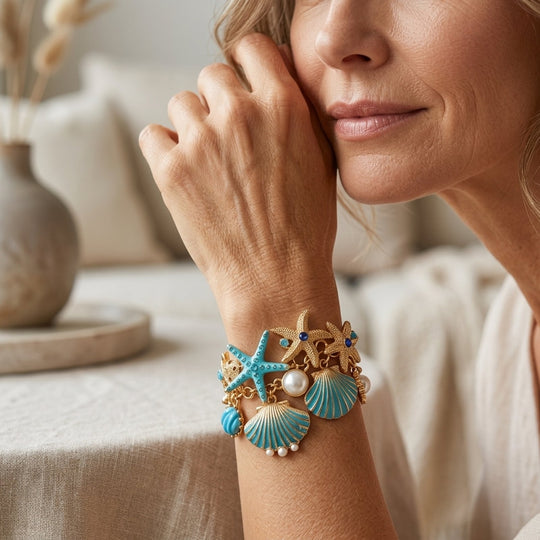 Pearl-Accented Ocean Charm Link Bracelet