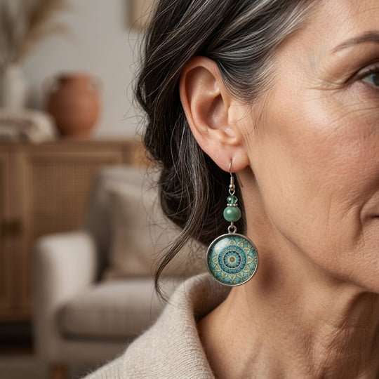 Mandala Print Dangle Earrings with Natural Stone Beads