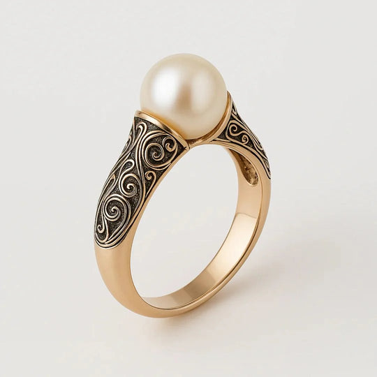 Gold Filigree Engraved Pearl Ring