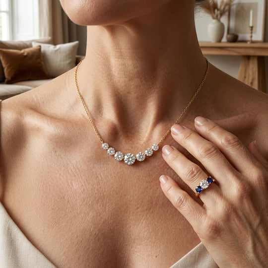 Three-Stone Sapphire Ring &amp; Diamond Curved Necklace Set