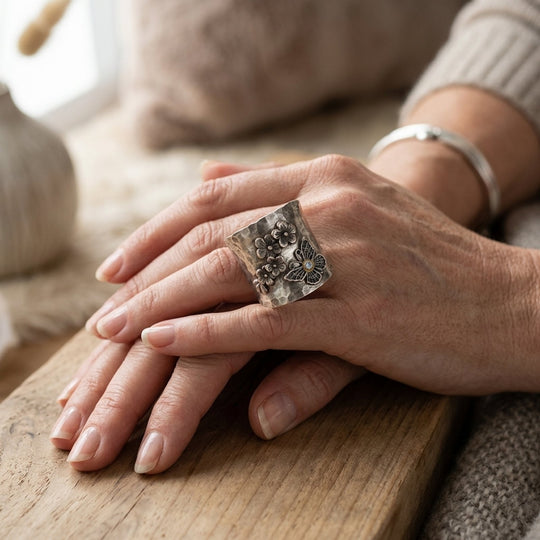 Hammered Silver Floral Butterfly Wide Band Ring