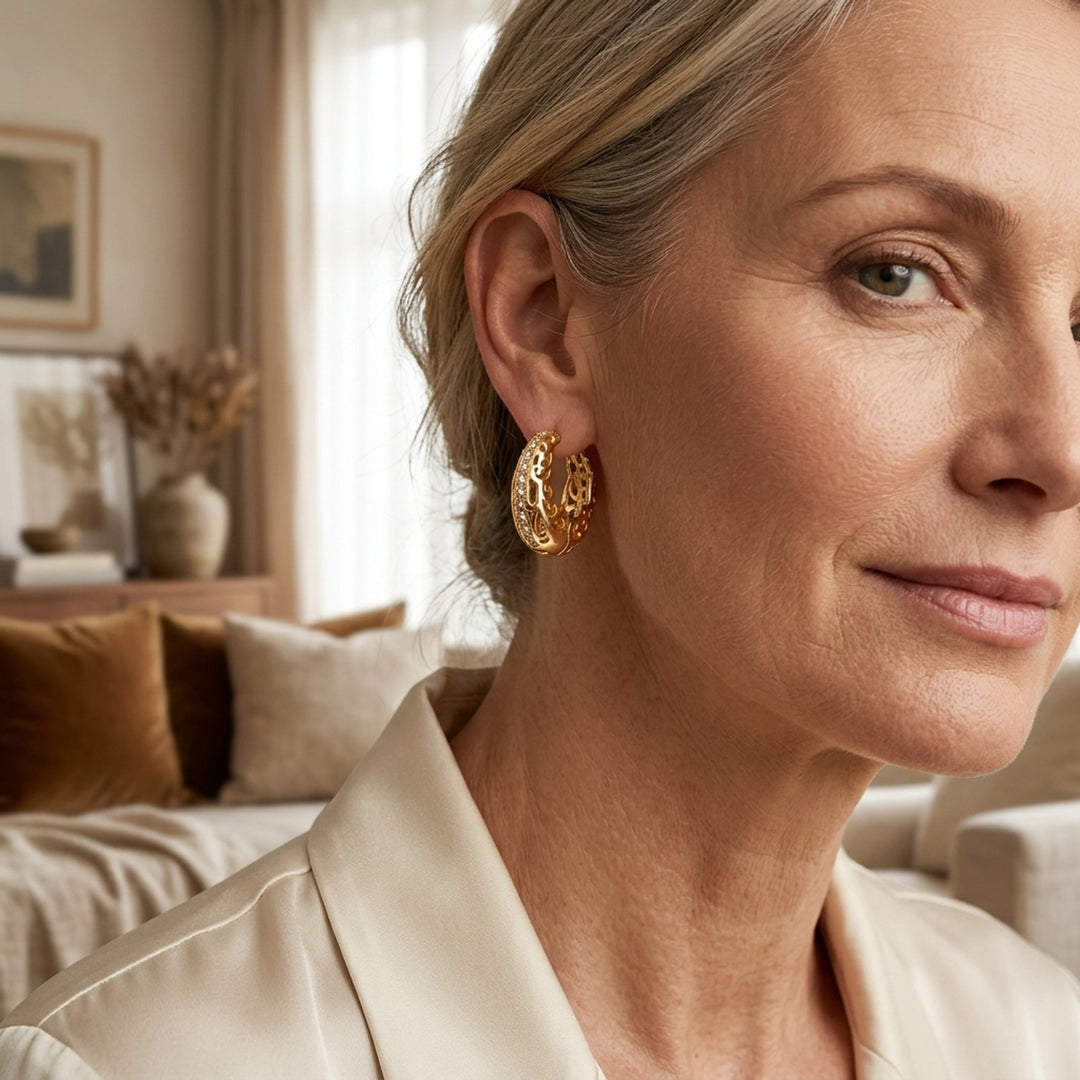 Embellished Gold-Plated Filigree Hoop Earrings