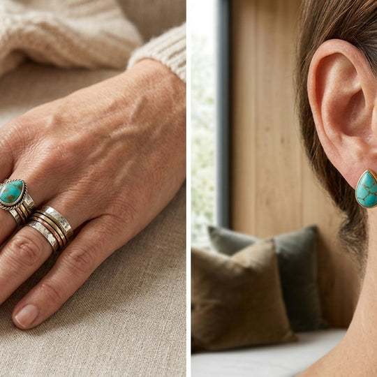 Turquoise Stone Ring and Teardrop Stud Earrings Set