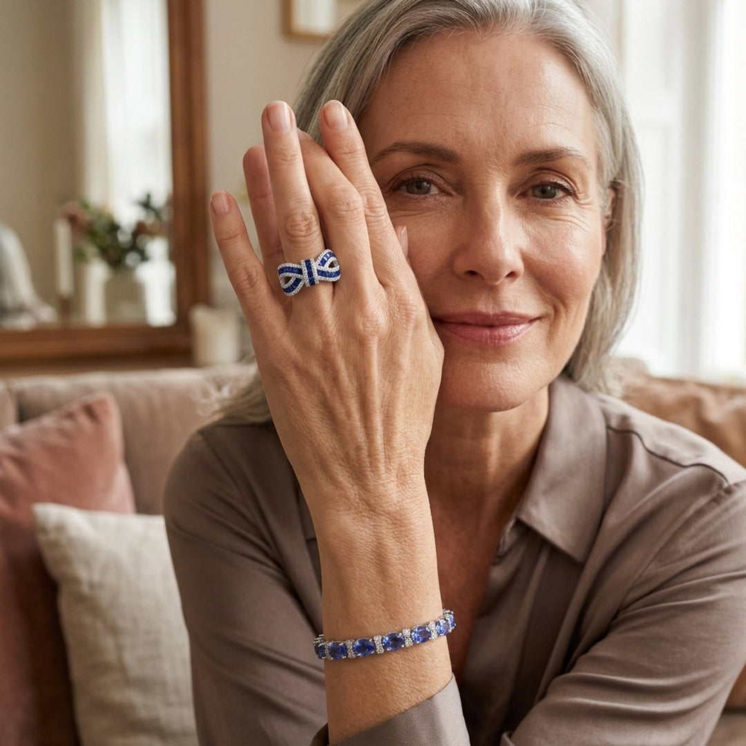 Oval &amp; Round Cut Tanzanite Bracelet + Sapphire Ring Set