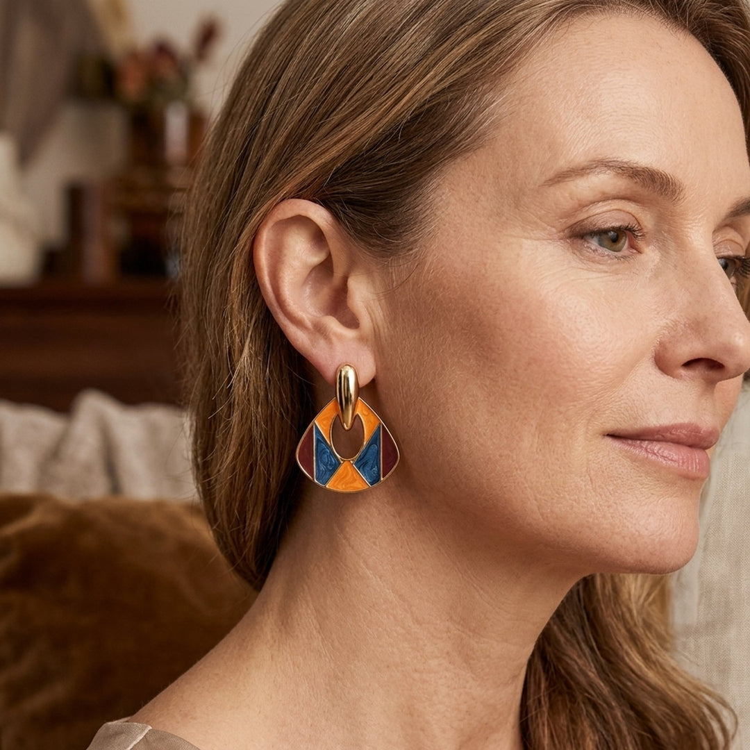 Gold-Plated Enamel Mosaic Drop Earrings