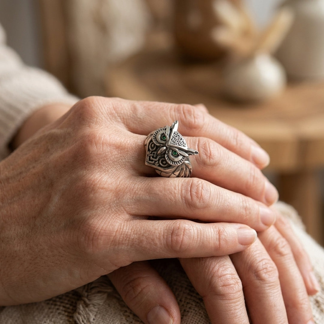 Sterling Silver Owl Ring with Emerald Eyes
