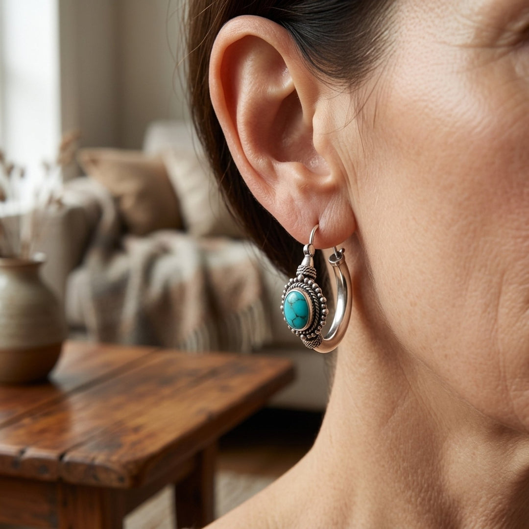 Sterling Silver Rope-Textured Turquoise Hoop Earrings