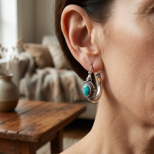 Sterling Silver Rope-Textured Turquoise Hoop Earrings