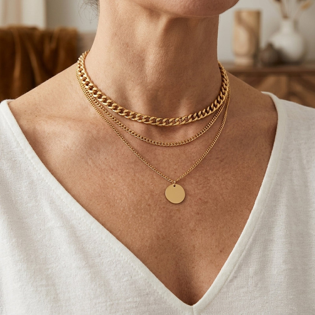 Layered Chain Disc Pendant Necklace