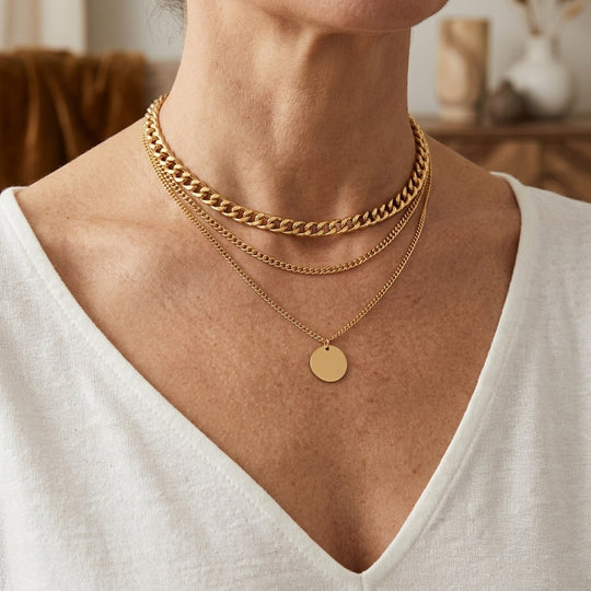 Layered Chain Disc Pendant Necklace