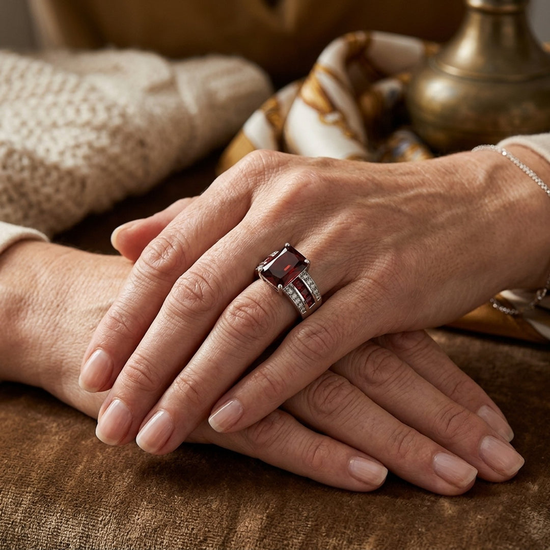 Sterling Silver Emerald-Cut Garnet Ring