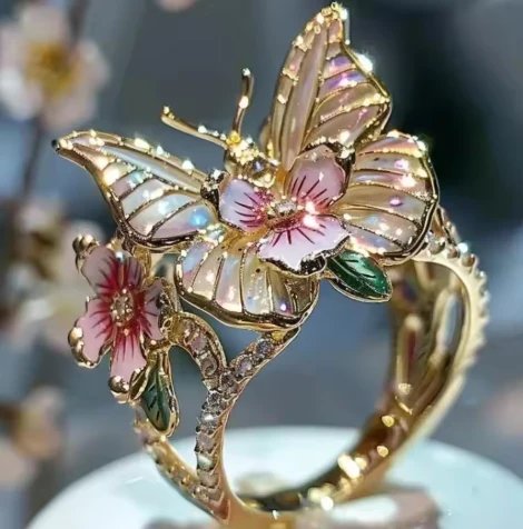 Gold Butterfly Floral Statement Ring