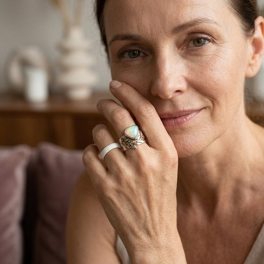 Teardrop Opal Sterling Silver Leaf Ring