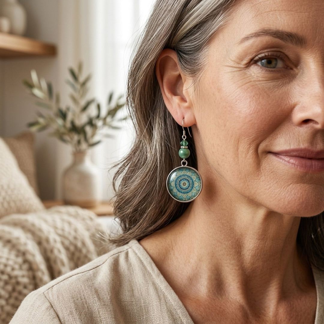 Mandala Print Dangle Earrings with Natural Stone Beads