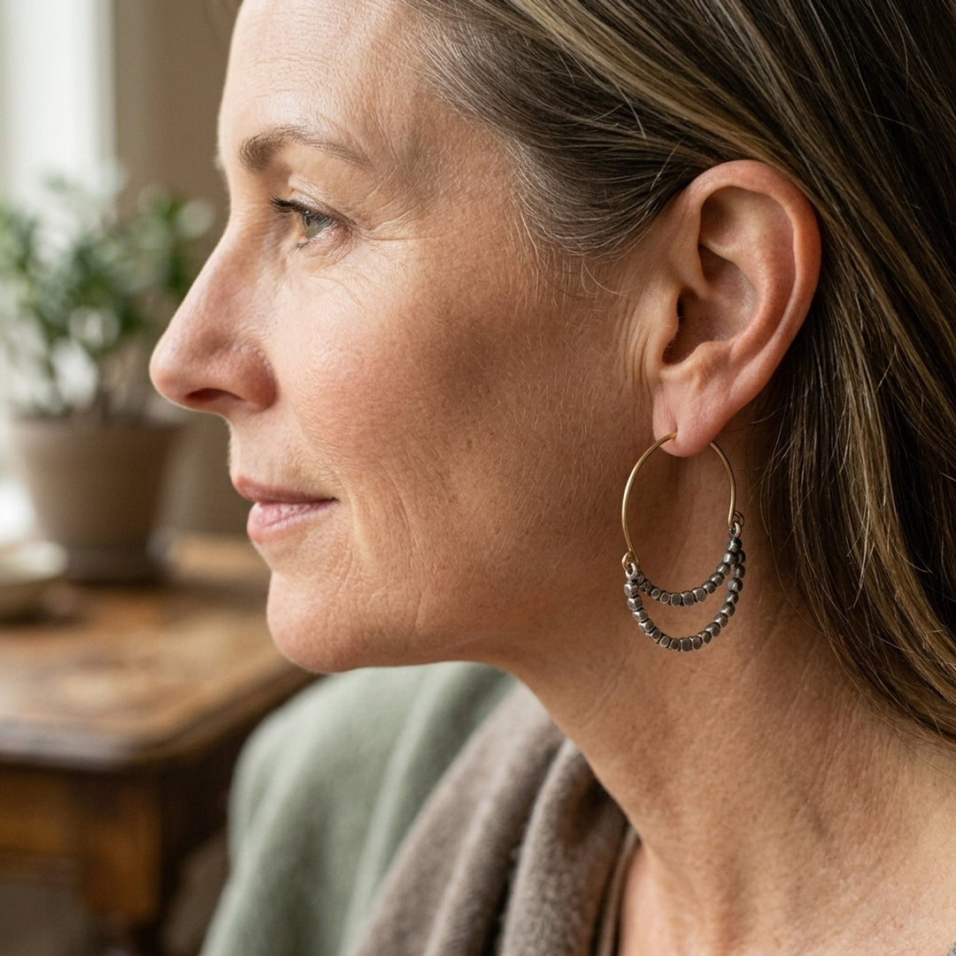 Faceted Silver Bead Gold Wire Hoop Earrings