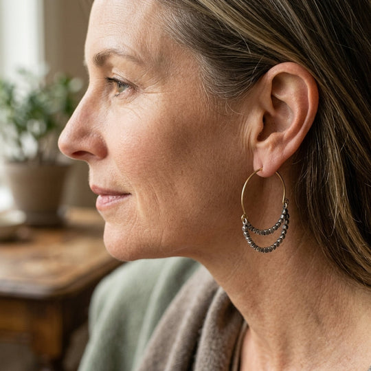 Faceted Silver Bead Gold Wire Hoop Earrings