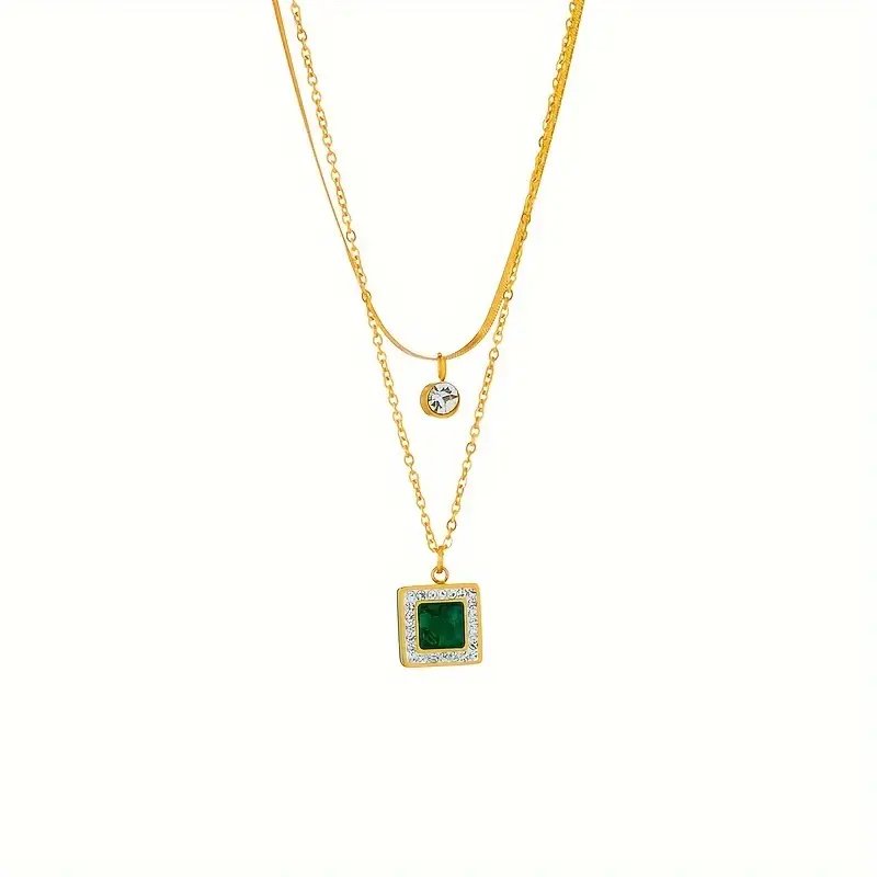 Layered Chain Square Pendant Necklace