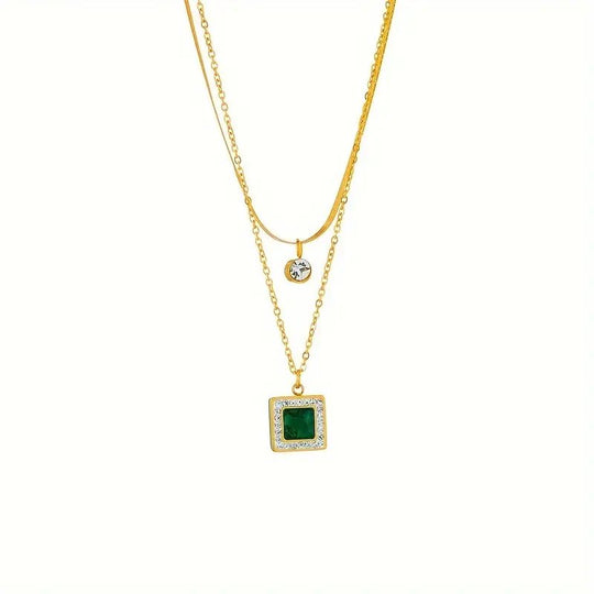 Layered Chain Square Pendant Necklace