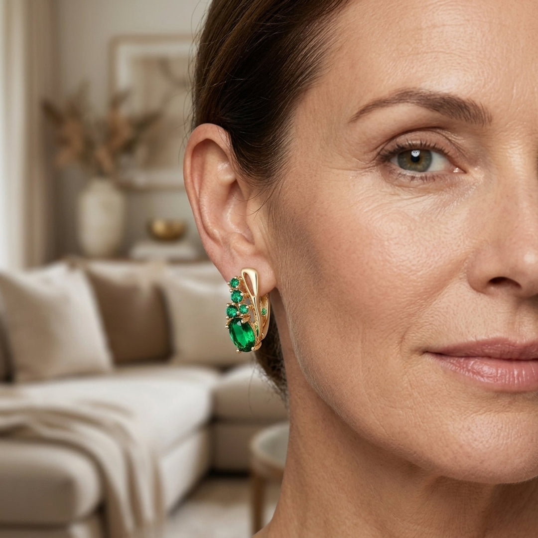 Gold-Plated Emerald Cluster Hoop Earrings