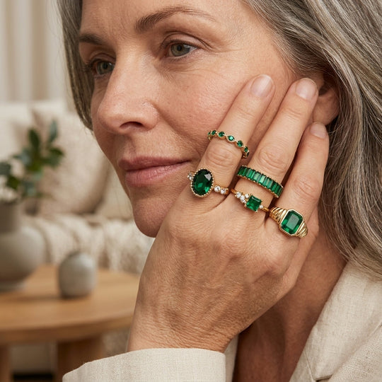 Gold-Plated Emerald Stone Ring Set