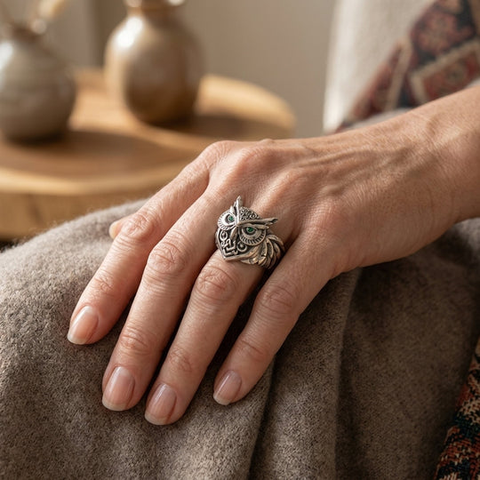 Sterling Silver Emerald Eye Owl Ring