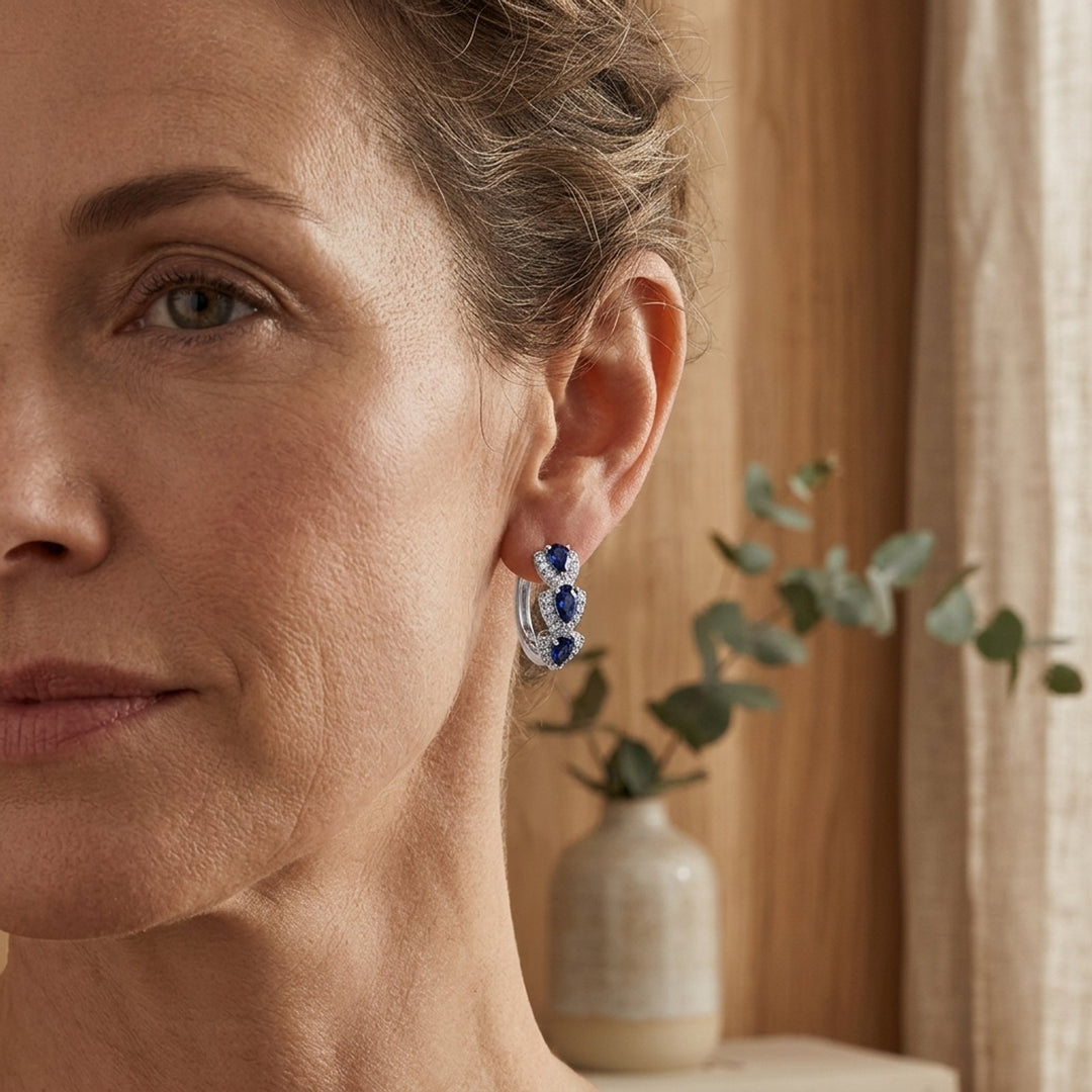 Sterling Silver Pear-Cut Sapphire Diamond Halo Hoop Earrings