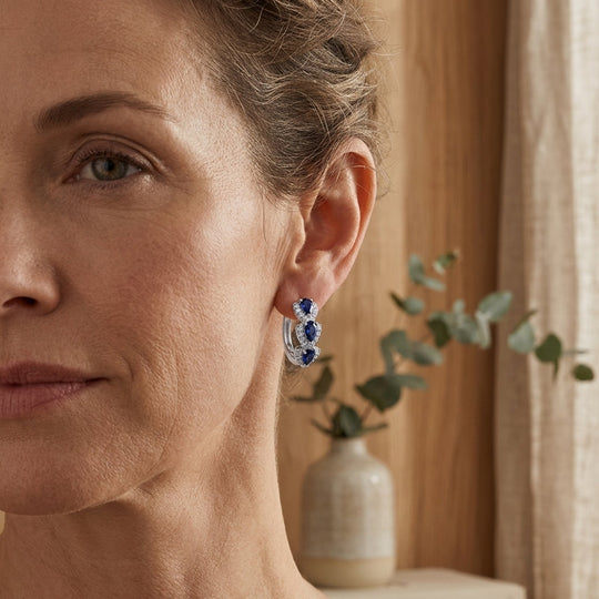 Sterling Silver Pear-Cut Sapphire Diamond Halo Hoop Earrings