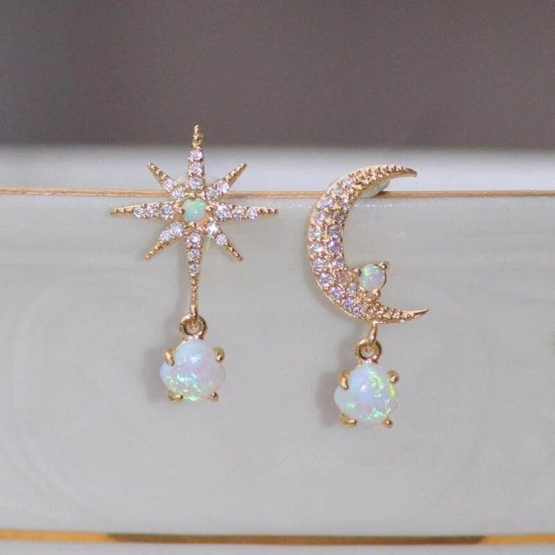 Gold Plated Opal Moon Star Dangle Earrings