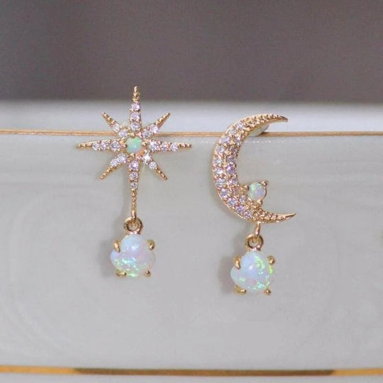 Gold Plated Opal Moon Star Dangle Earrings