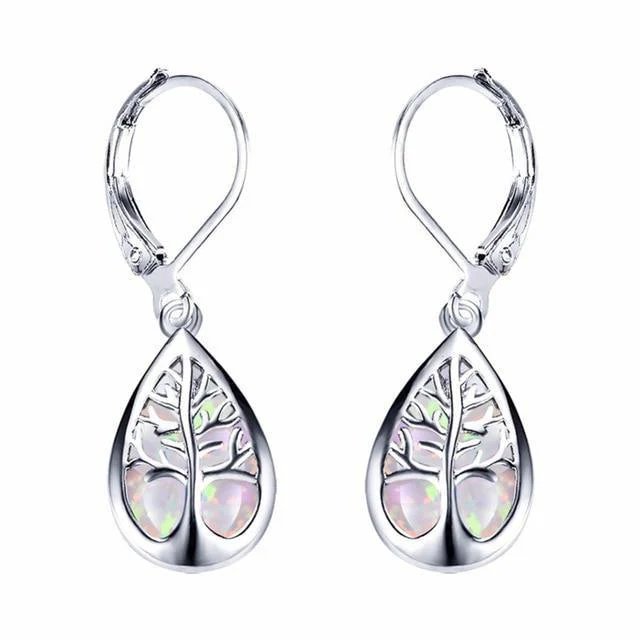Teardrop Opal Tree-of-Life Sterling Silver Drop Earrings