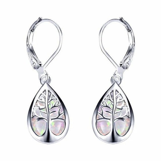 Teardrop Opal Tree-of-Life Sterling Silver Drop Earrings