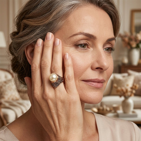 Gold Filigree Engraved Pearl Ring