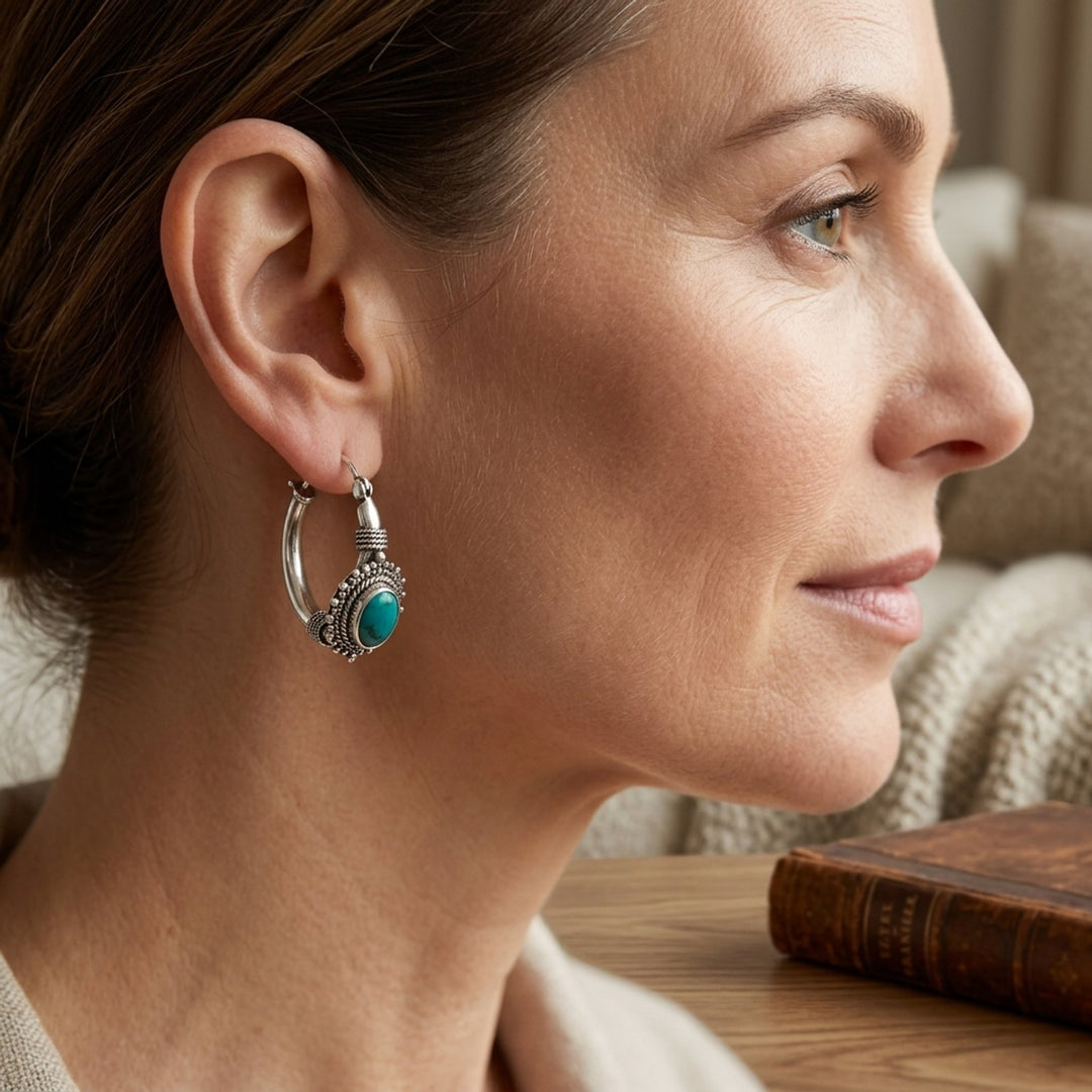 Sterling Silver Rope-Textured Turquoise Hoop Earrings